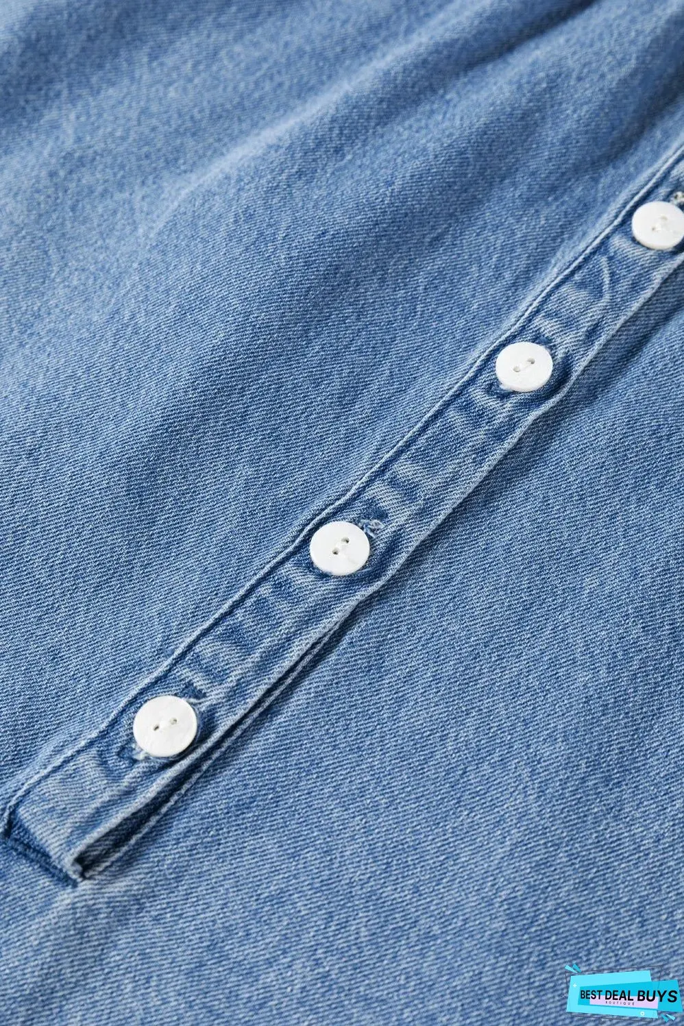 Sky Blue Frilled Raw Hem Half Buttoned Denim Top