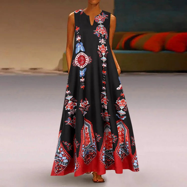 Print Pockets Loose Maxi Dress