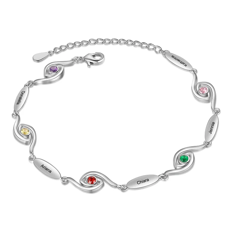 Personalized Evil Eye Bracelet with 5 Birthstones Engraved 5 Names Women Bracelet