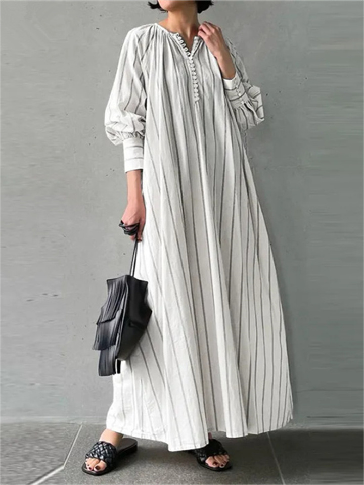 Women's Dress Literary Style Cotton and Linen Striped Round Neck Long Sleeve Insert Pockets Simple Loose Long Section Pullover Dress