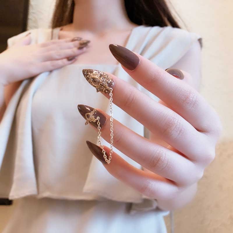 24 Piece Red Detachable Long Nail Patch with Pointed Gray Golden Shiny Fashion  Chain  with Glue Stick acrylic press on nails