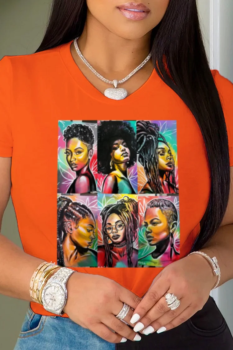 Orange Fashion Vintage Print Patchwork O Neck T-Shirts