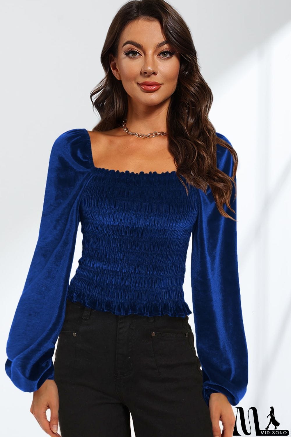 MidiSono - Smocked Square Neck Long Sleeve Blouse