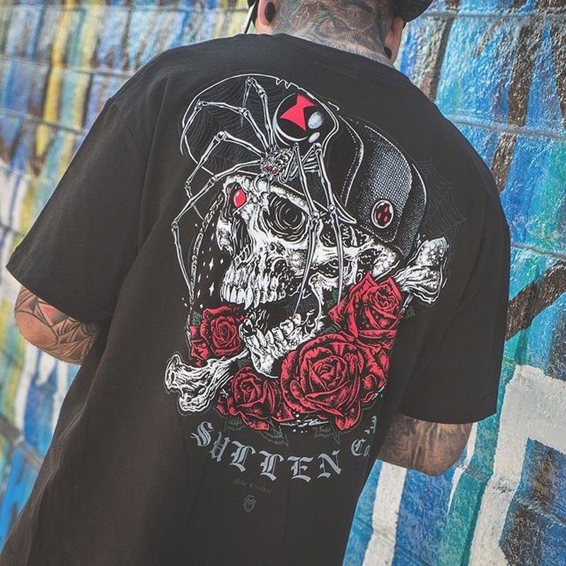 Skull rose flower print loose men's T-shirt -  