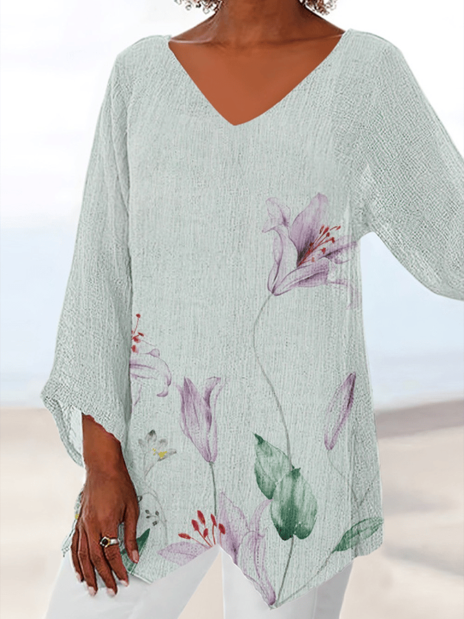 Women's V-Neck Long-Sleeved Plant Floral Casual Top