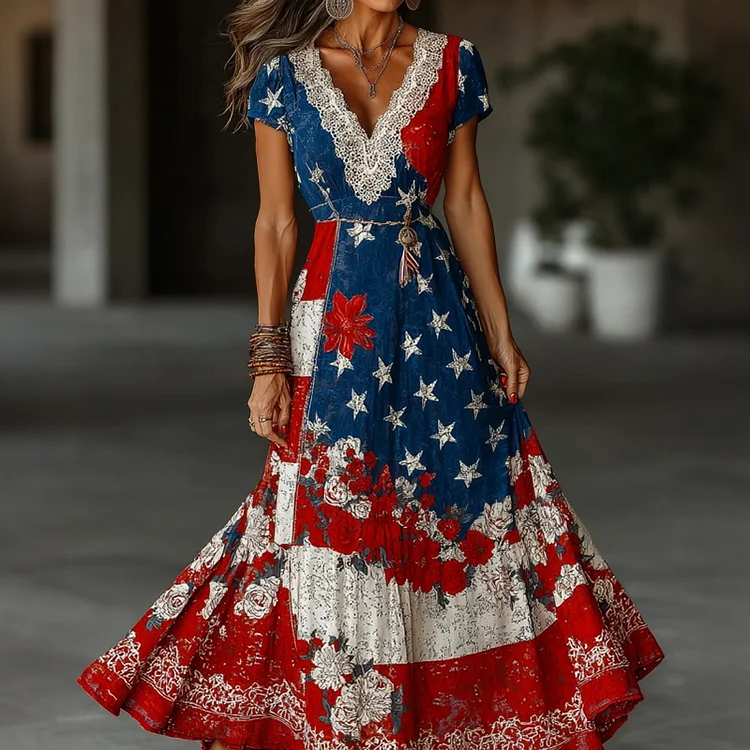 Vintage Floral & Flag Art Flowy Short Sleeve Linen Maxi Dress