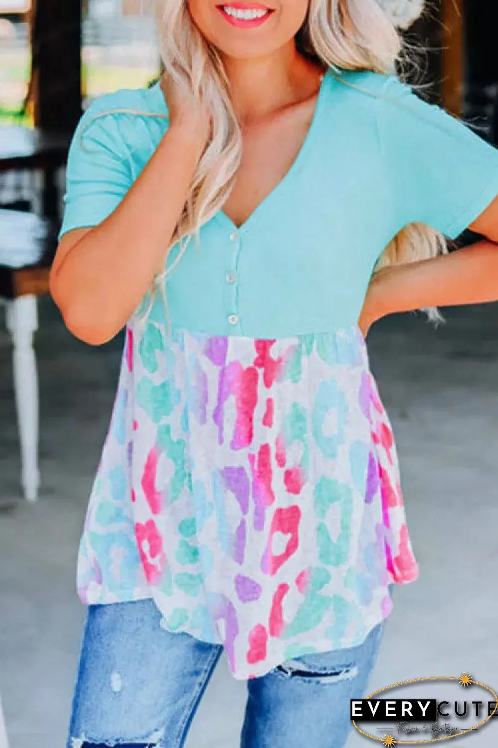 Sky Blue Leopard Color Block Buttoned V Neck T Shirt