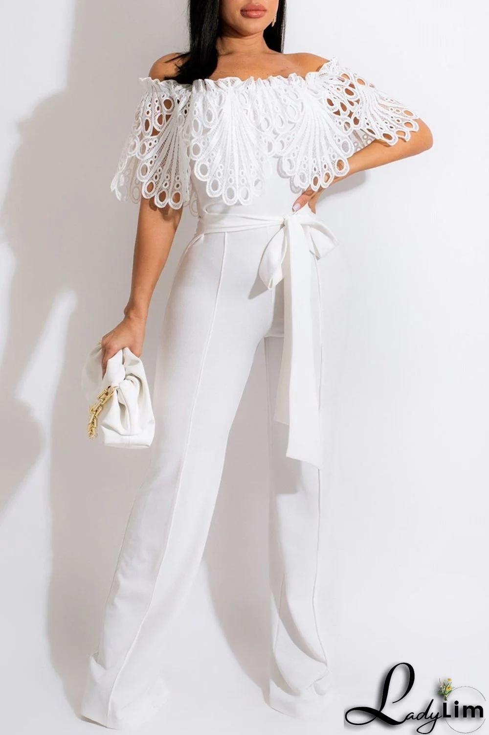 White Fashion Casual Solid Split Joint Off the Shoulder Regular Jumpsuits