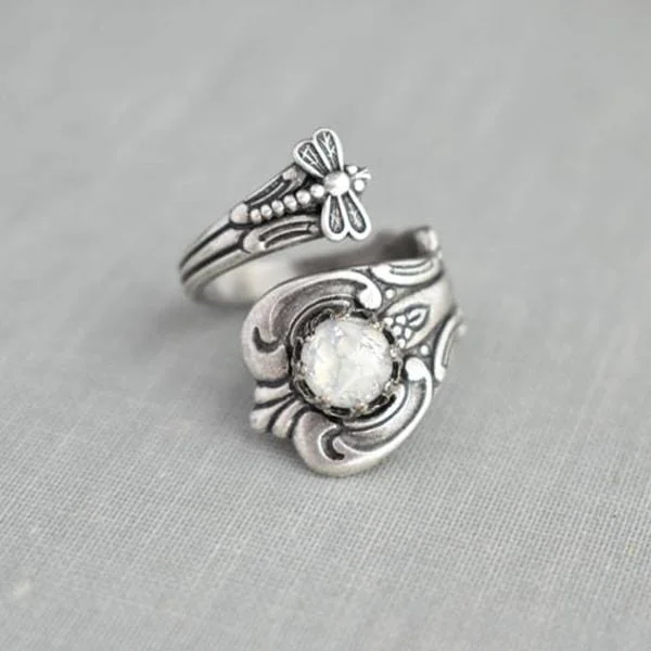 Sterling Silver Dragonfly Gemstone Spoon Ring