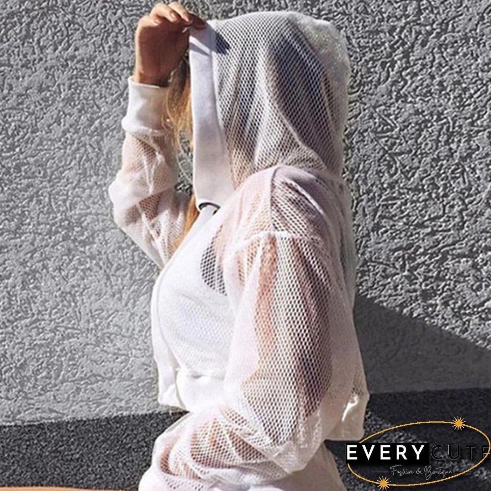 Women's Fashion Hoodie Sweatshirt Sports Pullover Mesh Crop Tops