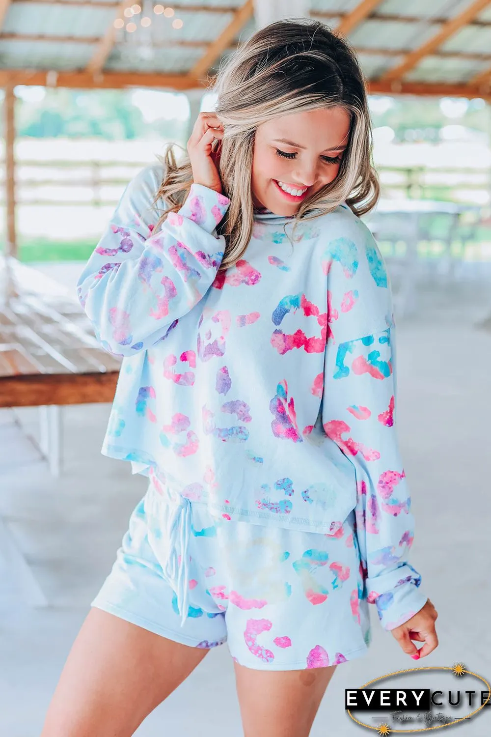 Sky Blue Leopard Print Hoodie and Shorts Set