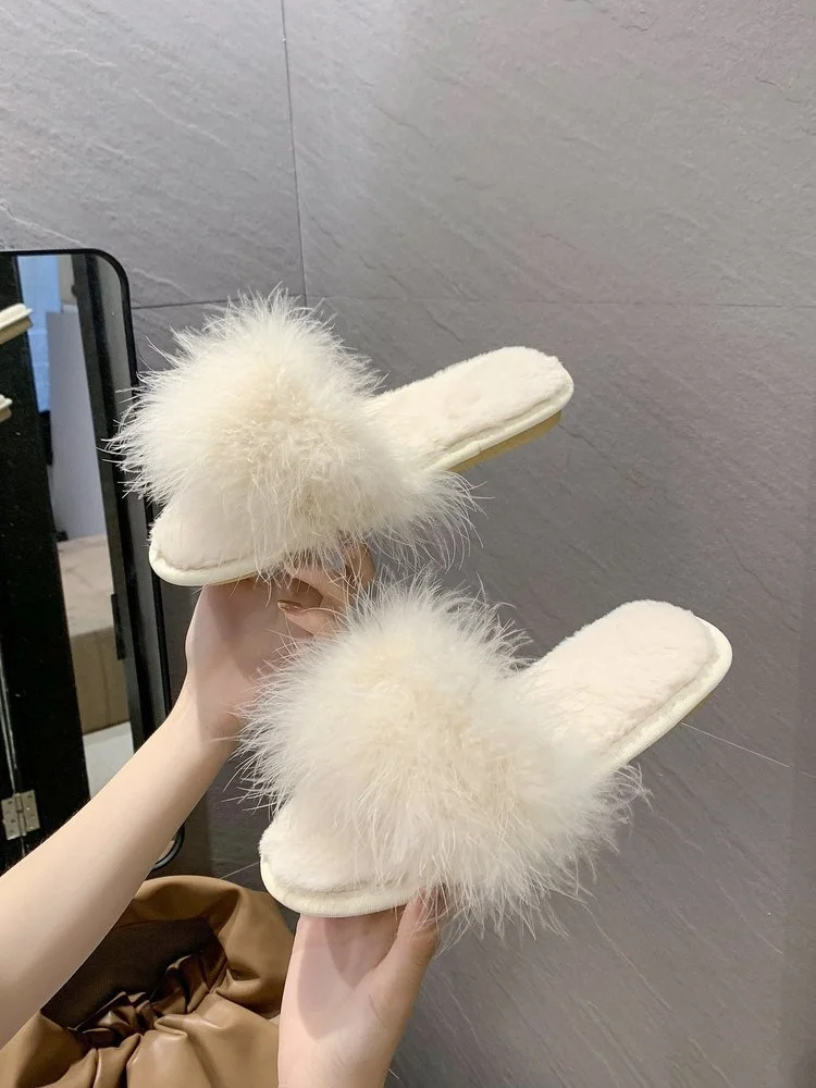 Wongn Wongn Cool Slippers Female Wear Ins Autumn Winter New Korean Version Of Fashion Casual Fire Chicken Feather Word Cool Drag Female