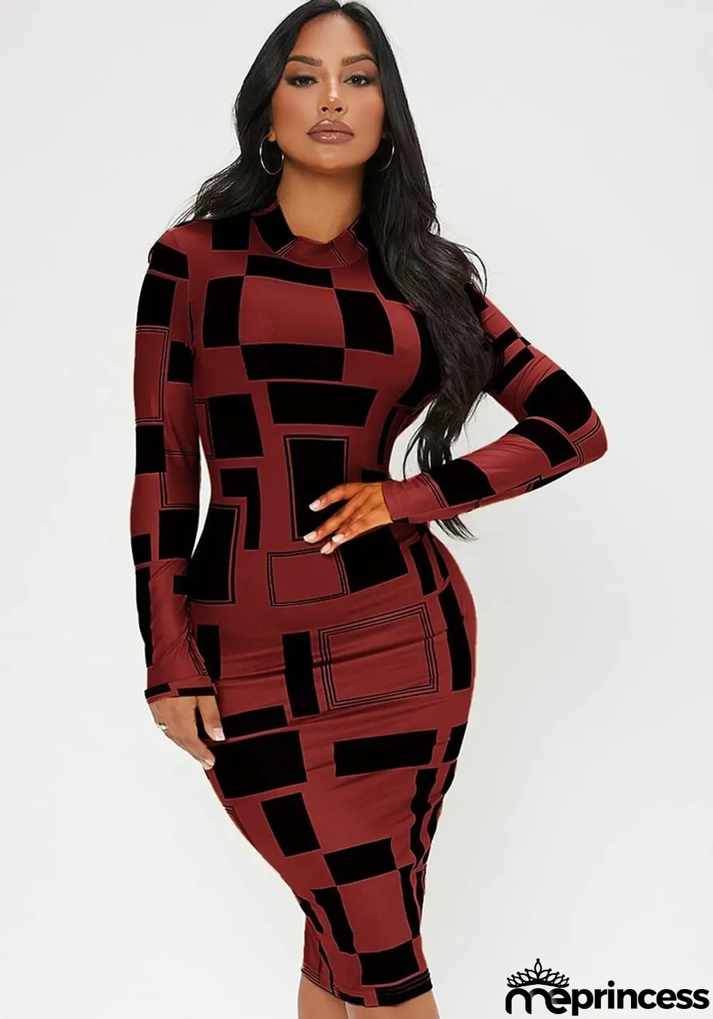 Women Spring Red Modest Turtleneck Full Sleeves Geometric Print Midi Bodycon Dress
