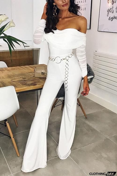 Off Shoulder Mesh Sleeve Flares Jumpsuit