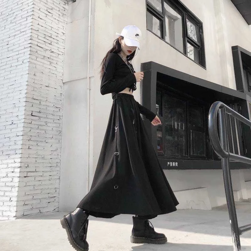 NiceMix Women Sexy High Waist Harajuku Gothic Midi Long Punk Streetwear Ring Ribbon Loose Skirt Korean Tracksuit Black Vintage H