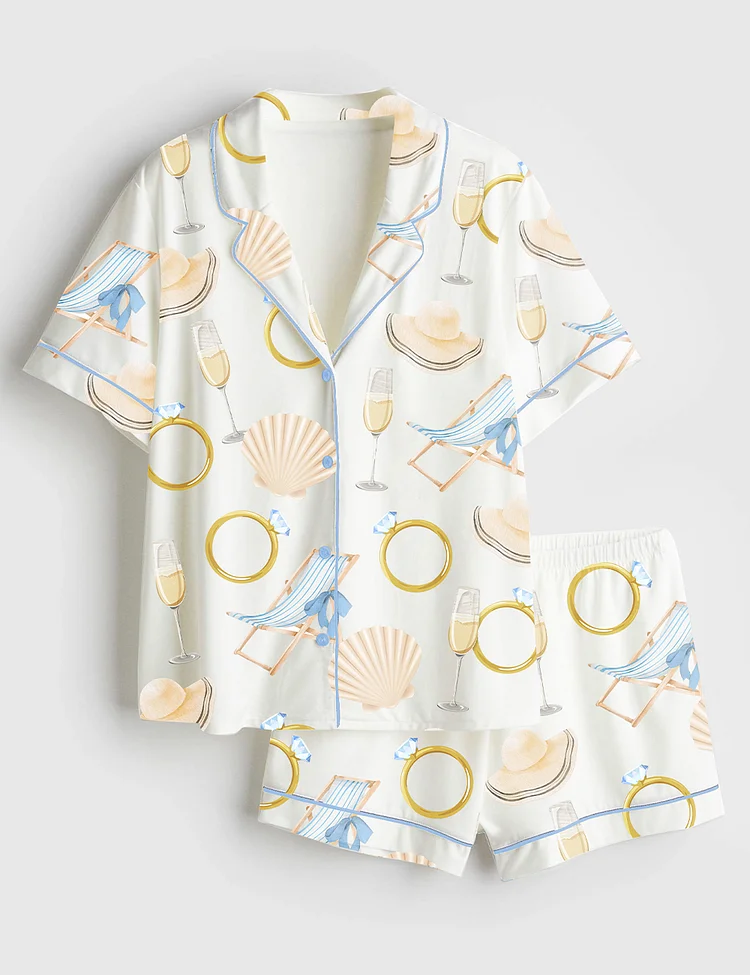 Women&rsquo;s Last Toast On The Coast Bachelorette Summer Beach Print Short Sleeve Satin Pajama Set