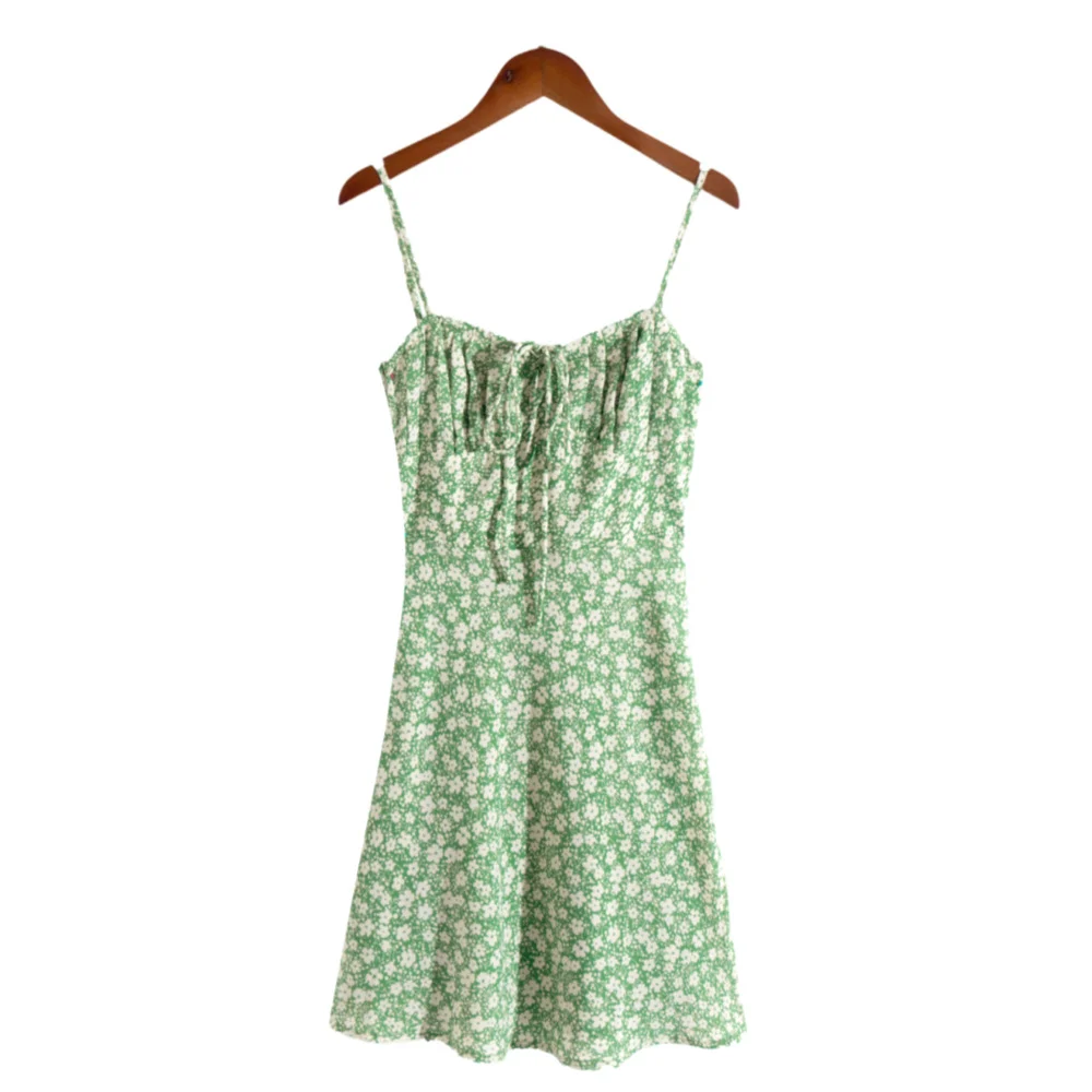 Ueong Trendy Women's Dress In Spring And Summer French Retro Pastoral Style Green Background Small Broken Flower Holiday Leisure Sling Dress