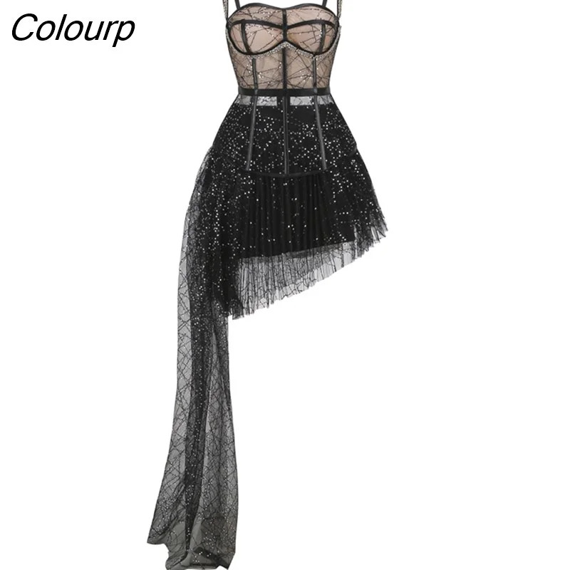 Colourp New Sexy Diamond Bodycon Mini Summer Black Sequined Slim Top Mini Skirt Two Piece Suit Club Party Evening Set