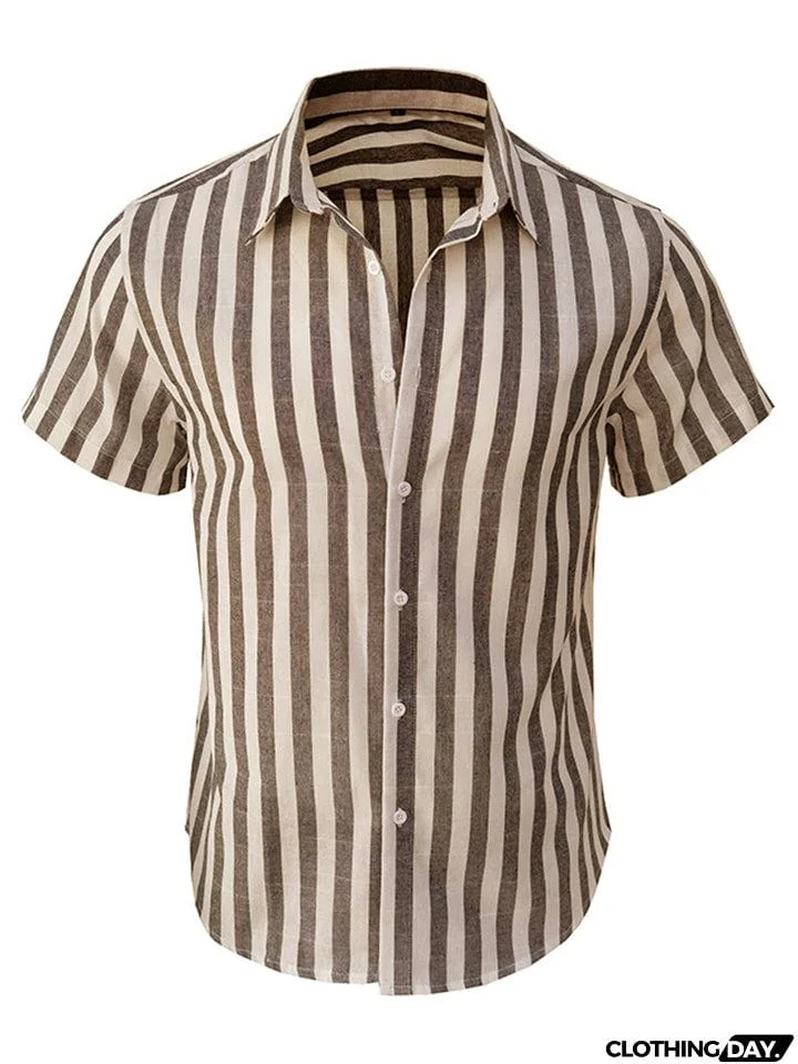 Men's Summer Classic Stripe Lapel Short Sleeve Button Beach Shirts