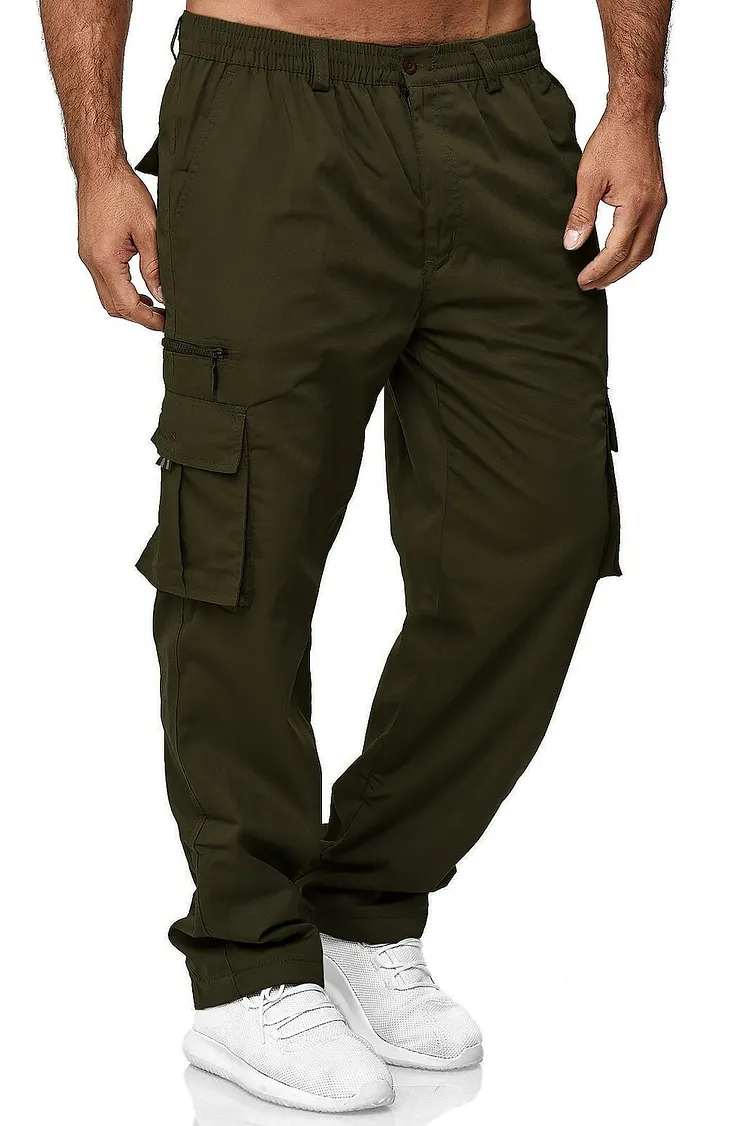 Men's Cargo Pants Elastic Waist Multiple Pockets Full Length Pants Outdoor Sports Casual