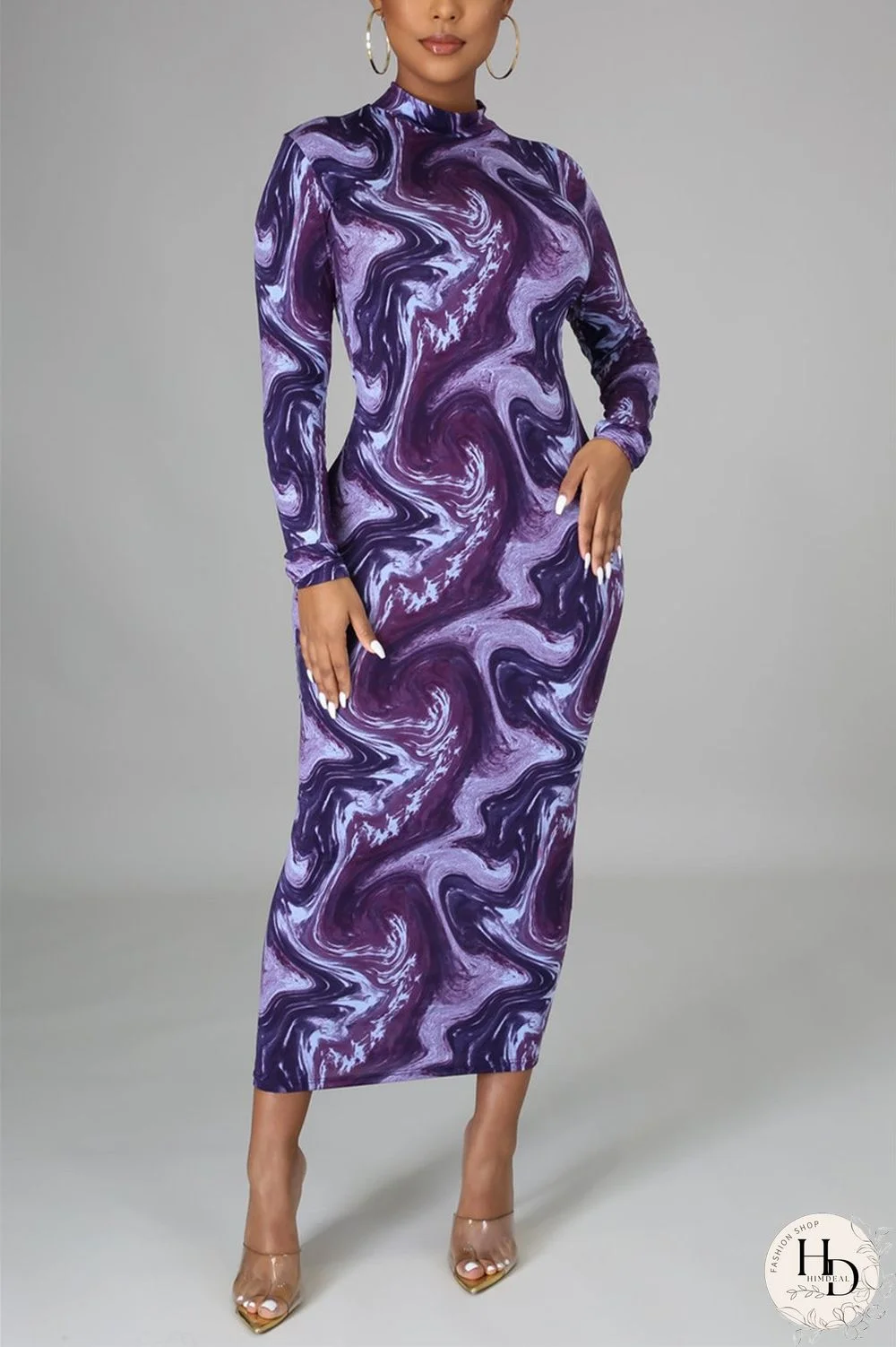 Red Fashion Casual Print Basic Half A Turtleneck Pencil Dresses