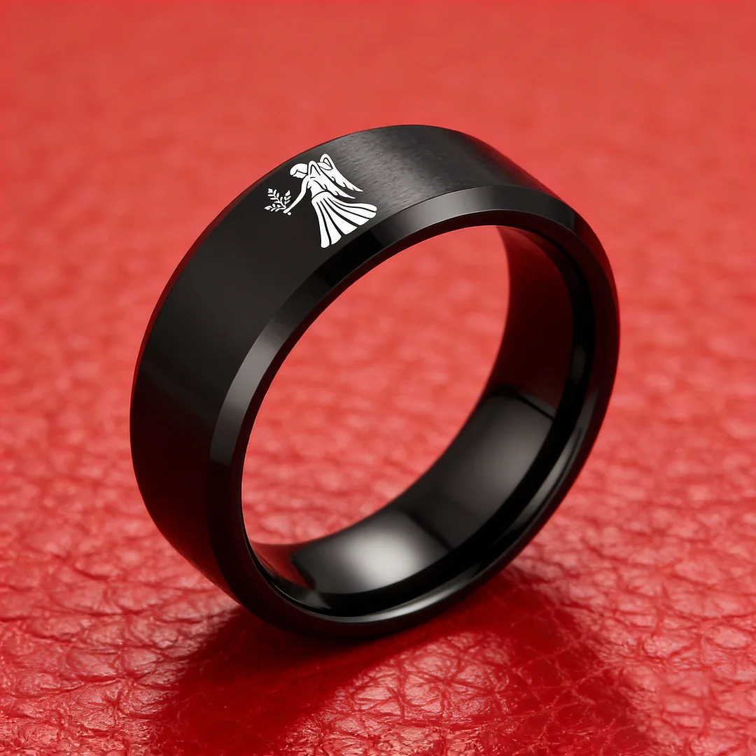 Beveled Edges Black Laser Etched Tungsten Carbide Rings Black Virgo Couple Wedding Band 4MM 6MM 8MM Width
