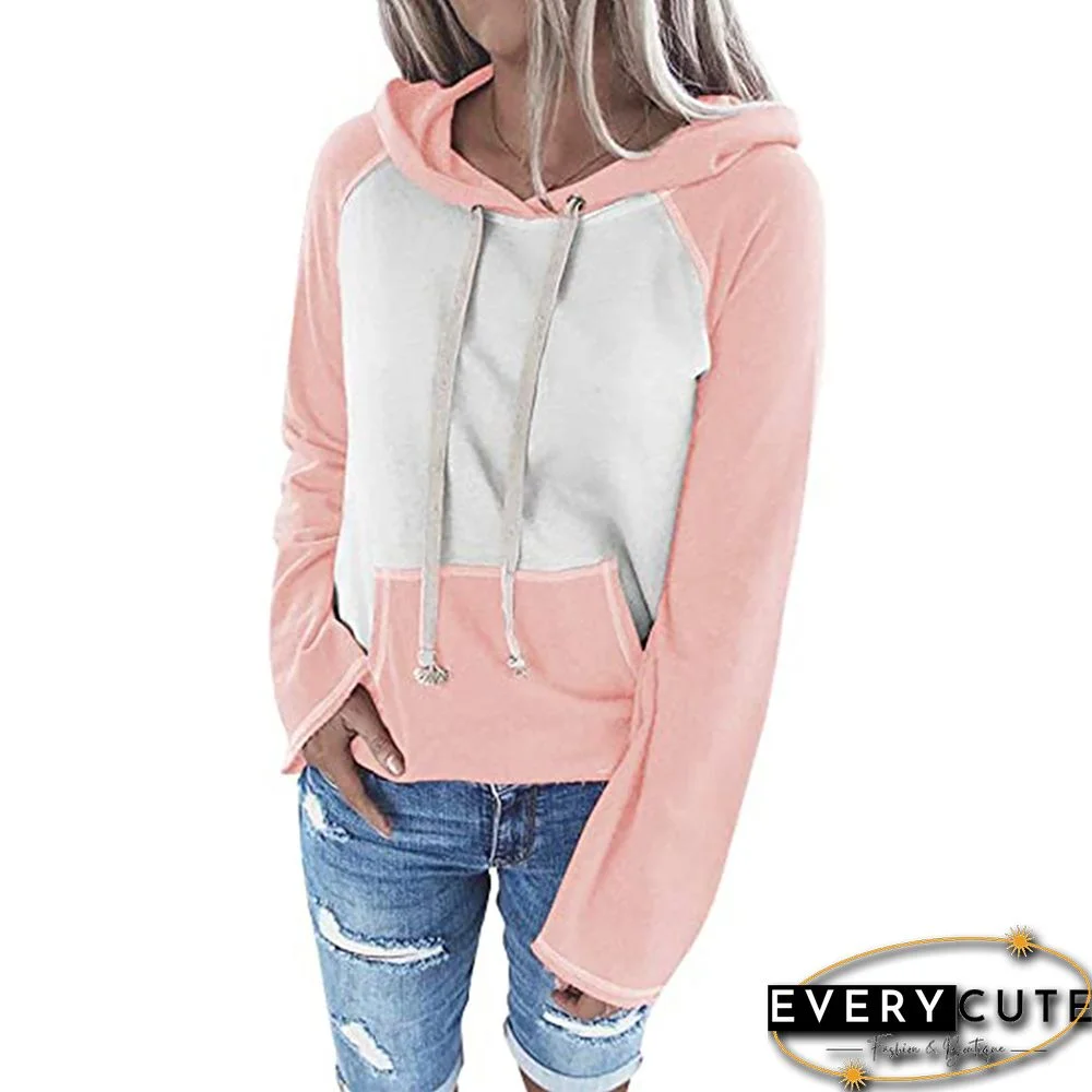 Pink Contrast Drawstring Long Sleeve Hoodie