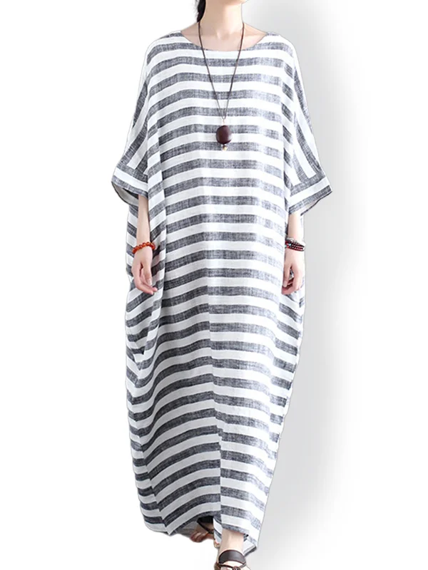 Vintage Linen Cotton Blend Stripe Maxi Dress