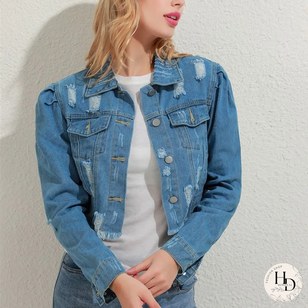 Women's Fashion Short Denim Jacket Puff Sleeve Denim Jacket