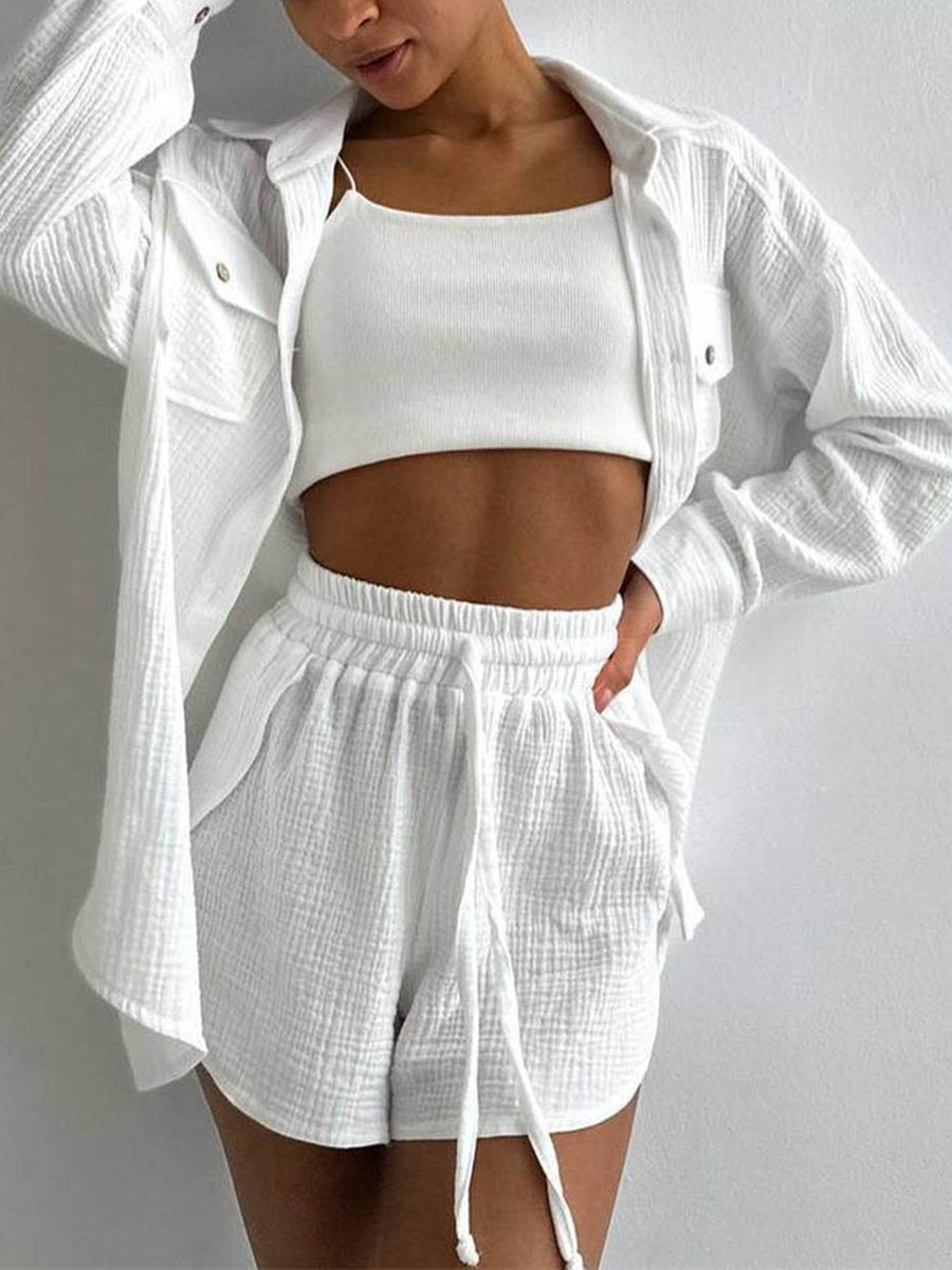 Long Sleeve Coord Drawstring Shorts Set