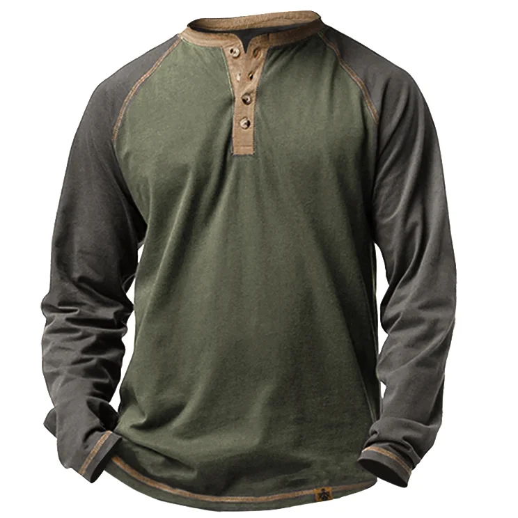 Men's Outdoor Tactical Vintage Army Green Breathable Henry Collar T-Shirt / [viawink] /