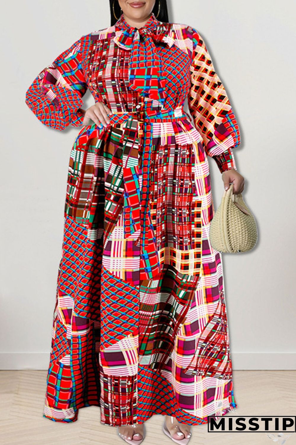 Gold Fashion Casual Print Patchwork Buckle With Bow Shirt Dress Plus Size Dresses