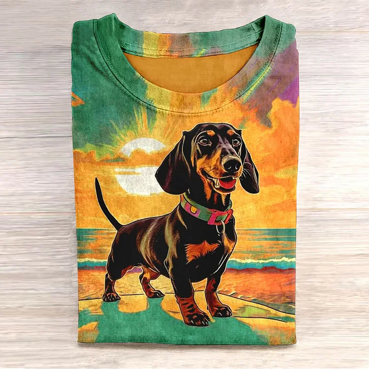 Art Dog Print Short Sleeve Casual T-Shirt