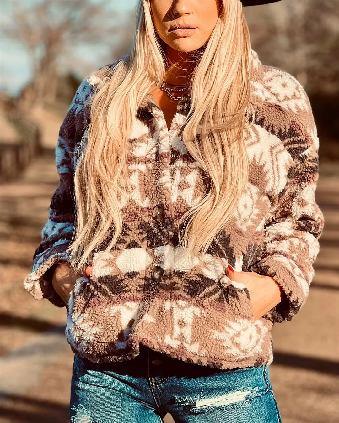 Women's Lapel Button Print Jacket