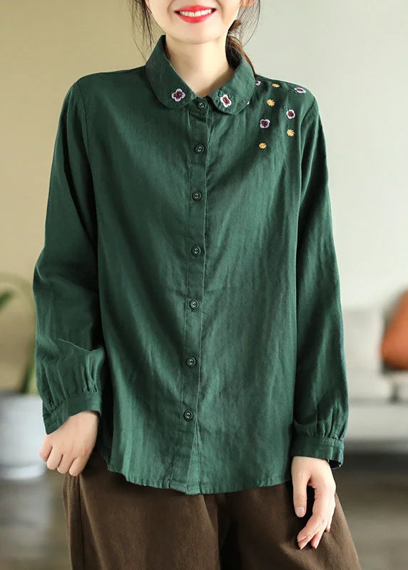 Green Slim Fit Cotton Blouse Top Peter Pan Collar Embroideried Spring