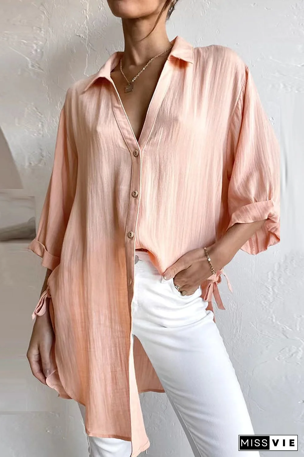 Rolled Up Sleeve Side Knot Button Shirt