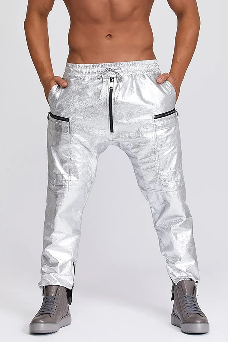 Metallic Elastic Waist Drawstring Slim Fit Silver Pants