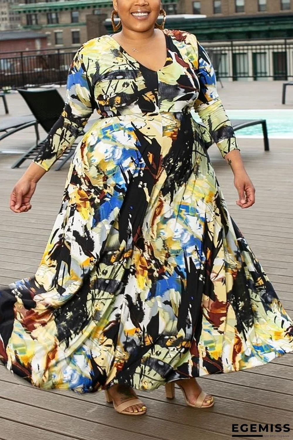 Black Sexy Digital Print V-Neck Large Size Dress | EGEMISS