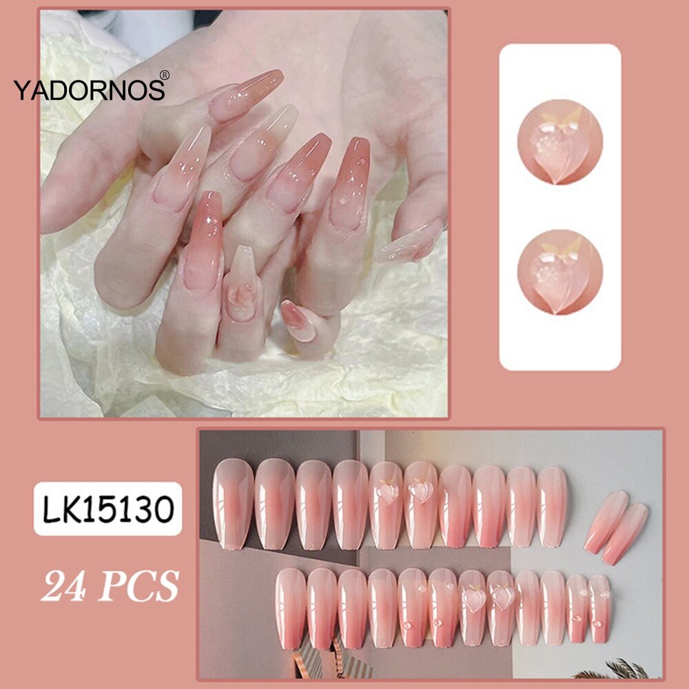 Press On Nails With Designs 24pcs With Peach False Nails 3d Peach Fake Nails Coffin Wearable Full Cover For Free Shipping Items