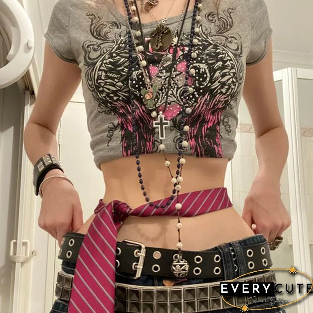 Retro Street Style Heart Wing Graphic Print Rhinestone Shirt