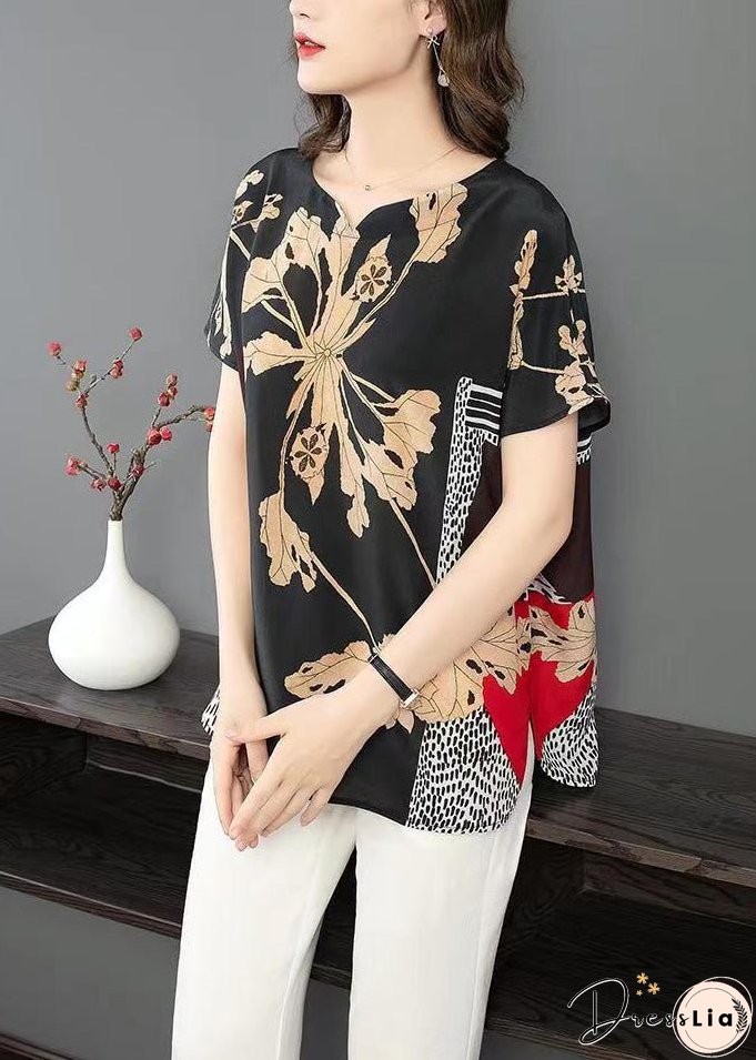 Plus Size Black Print Side Open Patchwork Silk T Shirt Summer