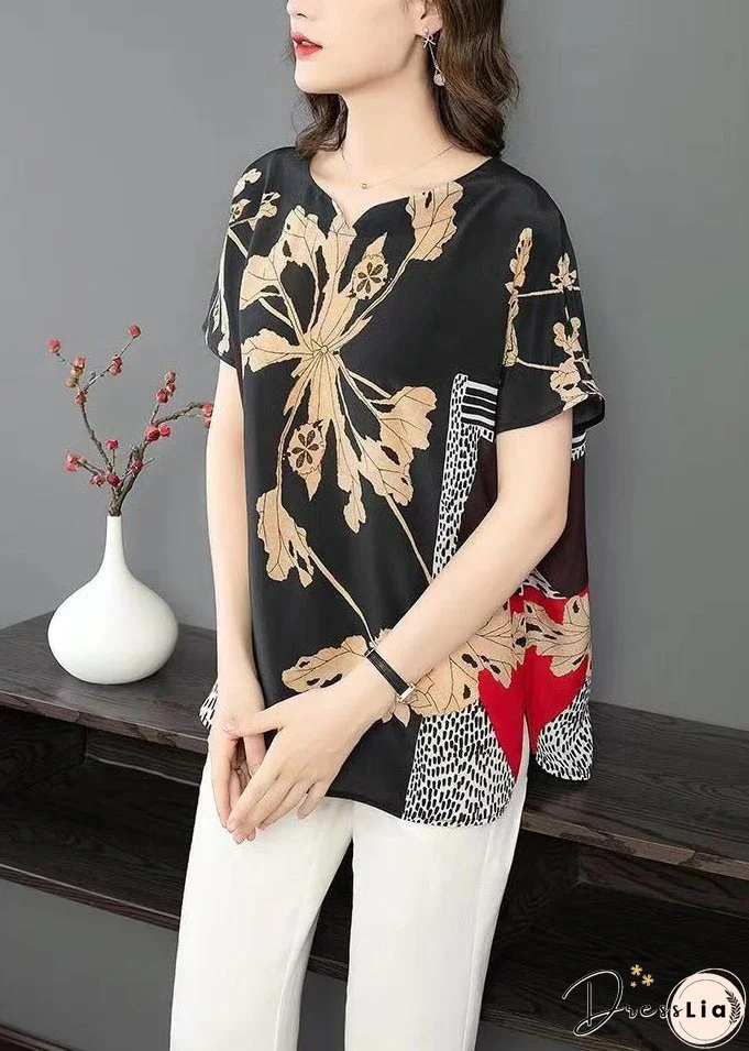 Plus Size Black Print Side Open Patchwork Silk T Shirt Summer