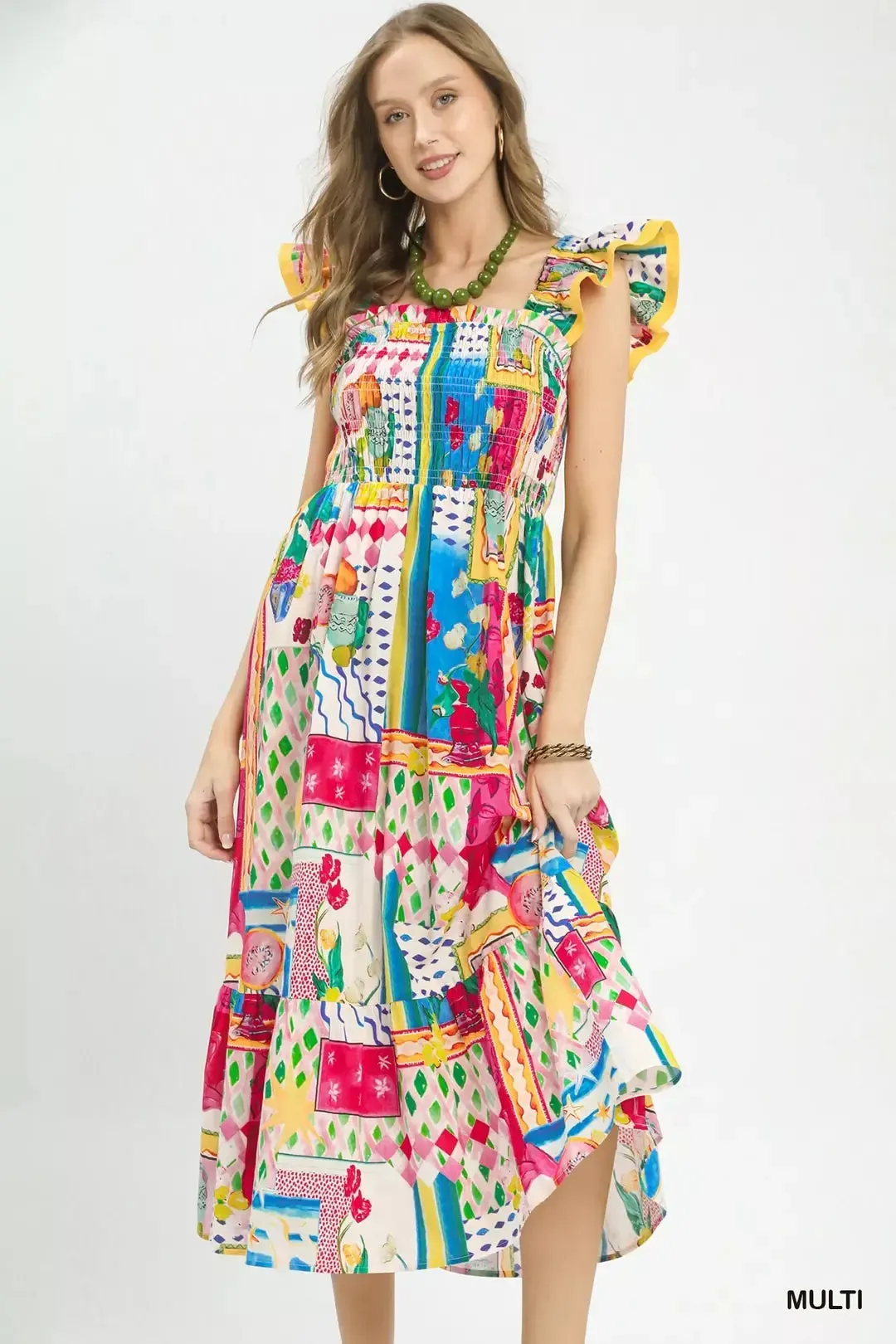 Umgee Abstract Print Smocked Ruffle Sleeve Tiered Midi Dress mysite idetrend