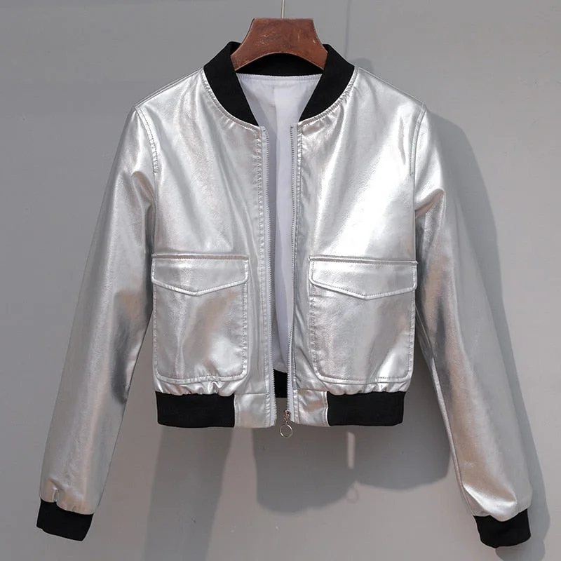 FTLZZ 2020 New Autumn Women Short Silver Pu Faux Leather Jacket O-neck Zipper Long Sleeve Motorcycle Biker Slim Coat Outwear