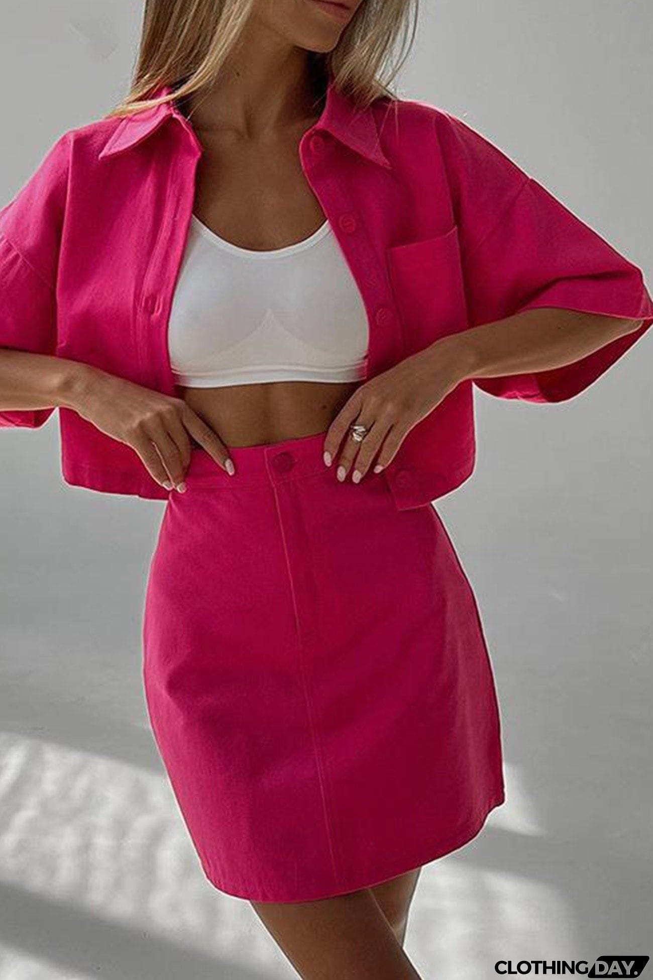 Solid Color Shirt Crop Top High Waist Skirt Suits