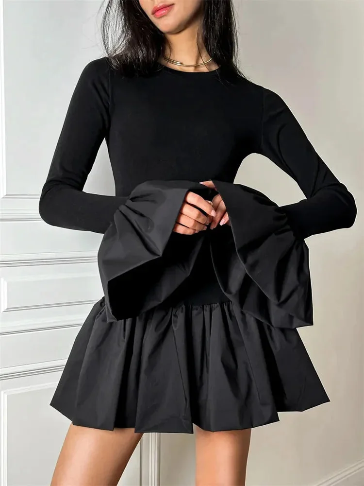 Toloer Ruffled Patchwork Long Sleeve Mini Dress-Outfit Ideas
