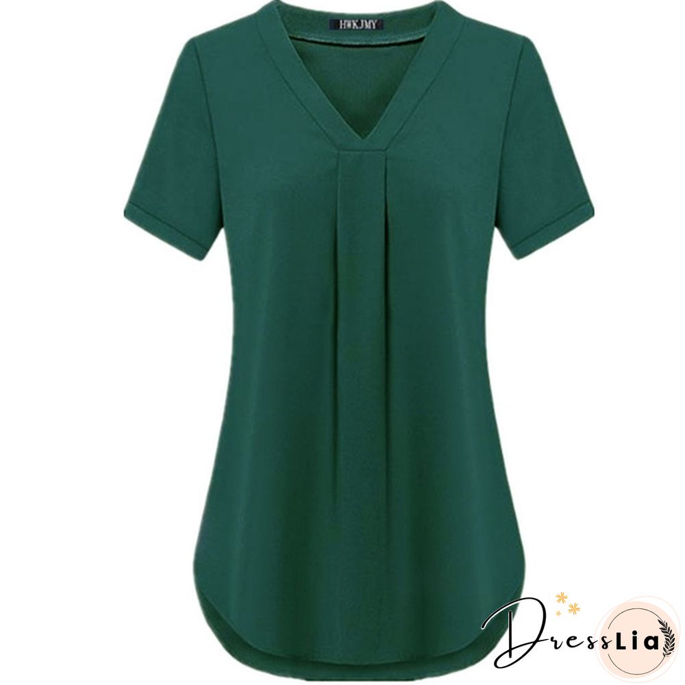 Women's Fashion Summer Sexy V-neck Short Sleeve Shirt Solid Color Loose Pleated Chiffon T-shirt Tops Blouse Plus Size S-6XL