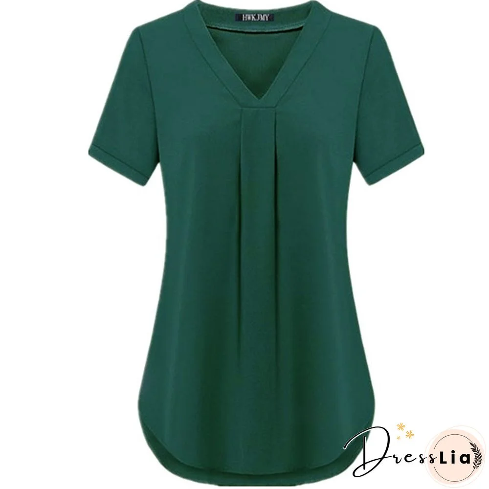 Women's Fashion Summer Sexy V-neck Short Sleeve Shirt Solid Color Loose Pleated Chiffon T-shirt Tops Blouse Plus Size S-6XL