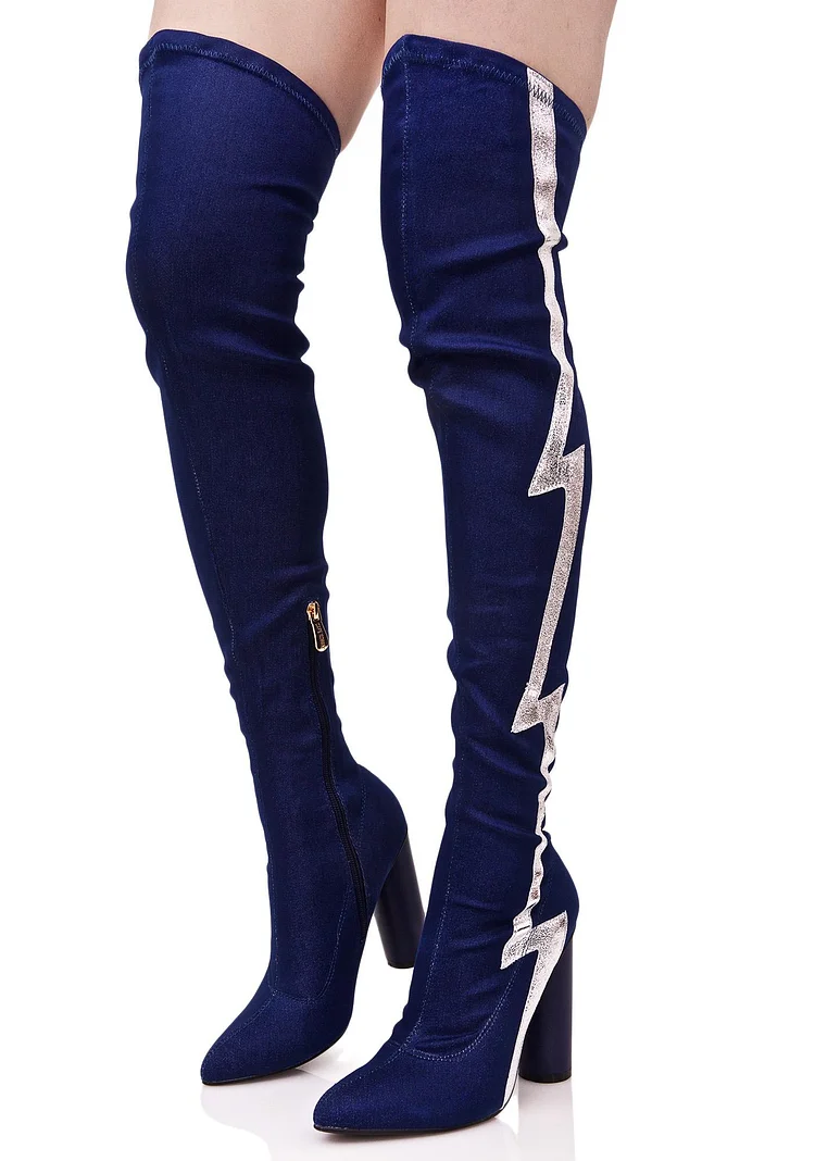 Women's Royal Blue Heels Denim Boots Chunky Heels Thigh-high Boots |FSJ Shoes