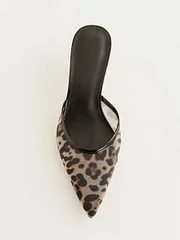 Women's Mesh Leopard Print Pointed Toe Kitten Heel Mules Sandals